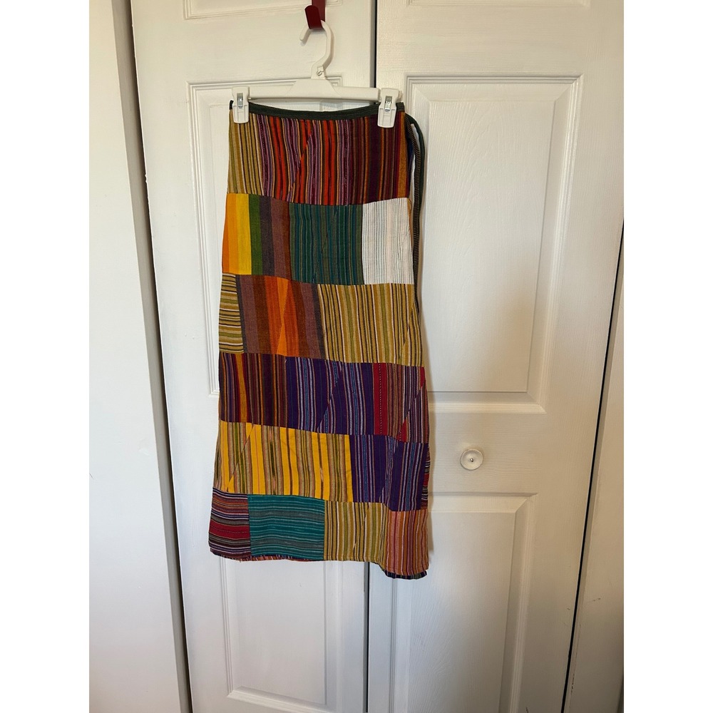 Vintage Patchwork Wrap Skirt Woven Multi Color Striped Boho Midi Festival Large
